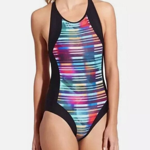 Athleta Rainbow Laser Stripe Black One Piece Swimsuit Size L - Picture 6 of 6